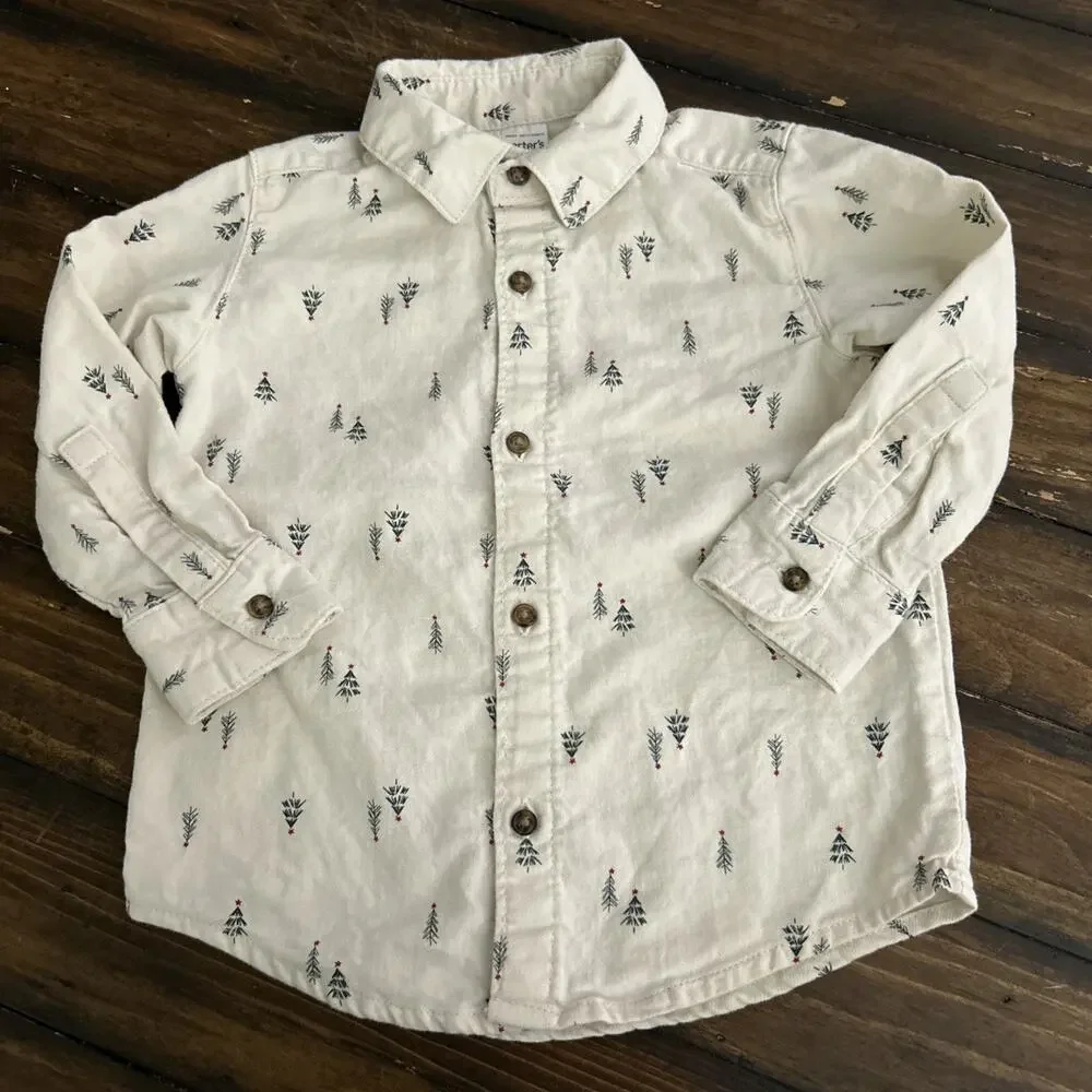Carter's Boy’s 3T Button Down Shirt Flannel Christmas Tree Holiday Cotton